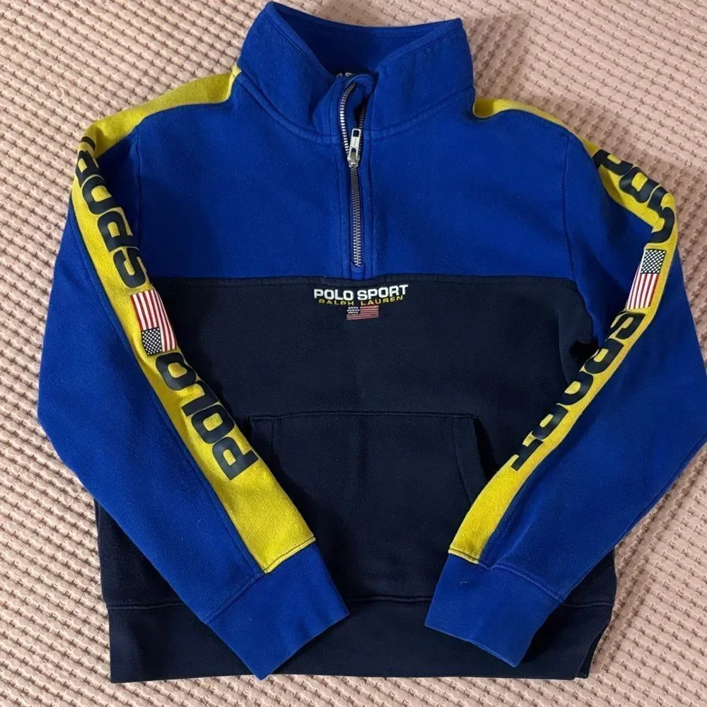 VTG Y2K Polo Sport Blue and Yellow Ralph Lauren 1/4 Zip Pull over M 10-12